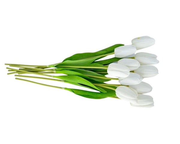 10 Stems Real Touch Tulips Stems, Artificial Flower High Quality Faux Floral, Wedding/Home Gifts Decor Floral Craft Tulip - White T-002