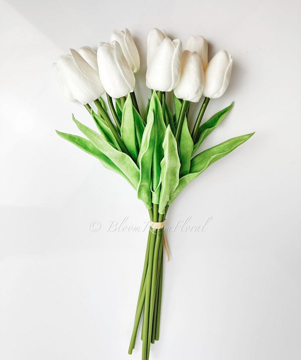 10 White Real Touch Tulips Artificial Flower, Realistic Luxury Quality Artificial Kitchen/Wedding/Home Gifts Decor Floral Craft Floral