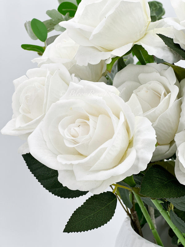 3 Stem Velvet Roses | Realistic Quality Artificial Faux Flower | Wedding/Home Decoration | Gifts | Decor Floral White Color R-024