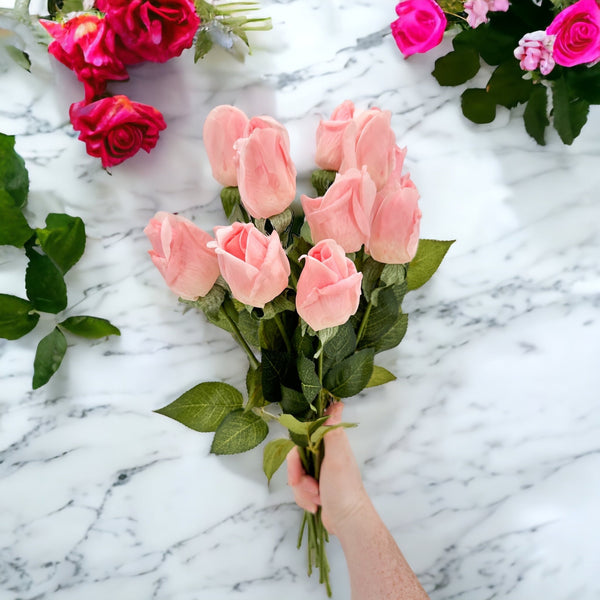 Real Touch Rose Bud Stem 23&quot; Tall Latex Luxury Quality Artificial Flower Wedding/Home Decoration Gifts Floral Faux Bouquet Light Pink R-034