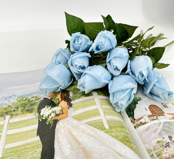 Real Touch Rose Bud Stem | 23&quot; Tall Latex Luxury Quality Artificial Flower Wedding/Home Decoration Gifts Floral Faux Bouquet Sky Blue R-036