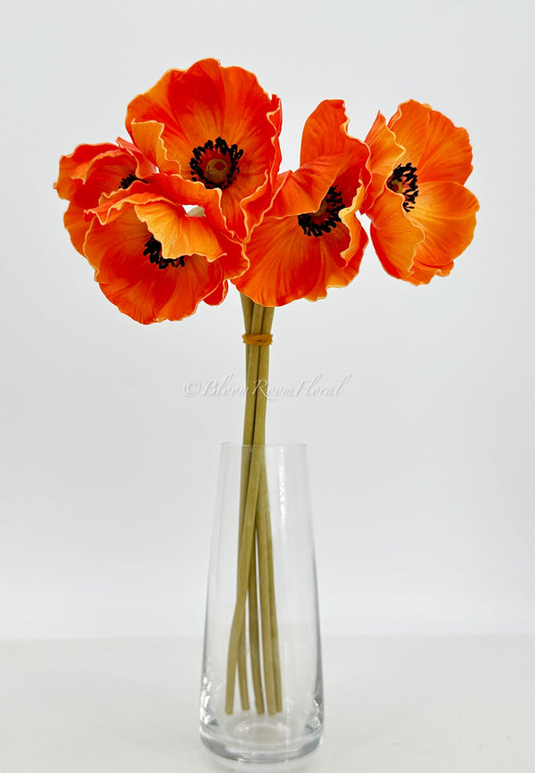 5 Stem Orange Poppy Bunch | 12&quot; Tall Real Touch Luxury Quality Artificial Flower | Wedding/Home Decoration Gifts Decor | Floral Faux Floral