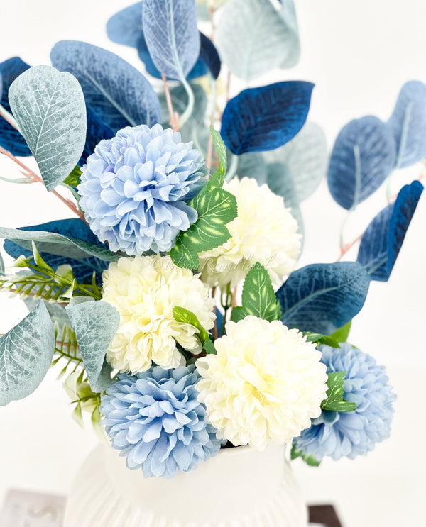 Blue and White Leaf/Thistle Bouquet Artificial Flower Wedding/Home Decoration | Gifts | Decor Floral, Centerpiece, Arrangement B-003