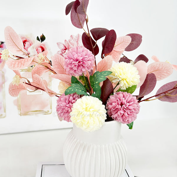 White, Burgundy Leaf/Thistle Pompom Bouquet Artificial Flower Wedding/Home Decoration | Gifts | Decor Floral, Centerpiece, Arrangement B-006