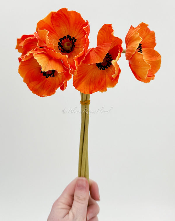 5 Stem Orange Poppy Bunch | 12&quot; Tall Real Touch Luxury Quality Artificial Flower | Wedding/Home Decoration Gifts Decor | Floral Faux Floral