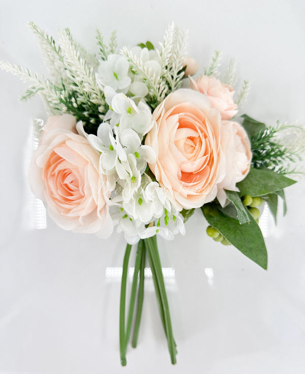 Peach Ranunculus Hydrangea Green Berry Bouquet Artificial Flower Wedding/Home Decoration | Gifts Decor Floral Centerpiece Arrangement Event