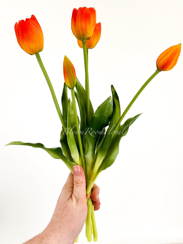 5 Stem Orange Ombre Real Touch Tulips Artificial Flower, Realistic Luxury Quality Artificial Kitchen/Wedding/Home Gifts Decor Floral Craft