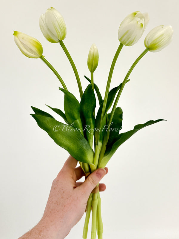 5 Stem White Real Touch Tulips Artificial Flower, Realistic Luxury Quality Artificial Kitchen/Wedding/Home Gifts Decor Floral Craft Floral