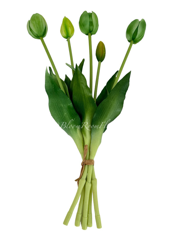 5 Stem Green Real Touch Tulips Artificial Flower, Realistic Luxury Quality Artificial Kitchen/Wedding/Home Gifts Decor Floral Craft Floral