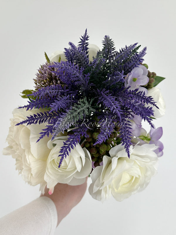 White Ranunculus Purple Hydrangea Green Berry Bouquet Artificial Flower Wedding/Home Decoration | Decor Floral, Centerpiece, Arrangement