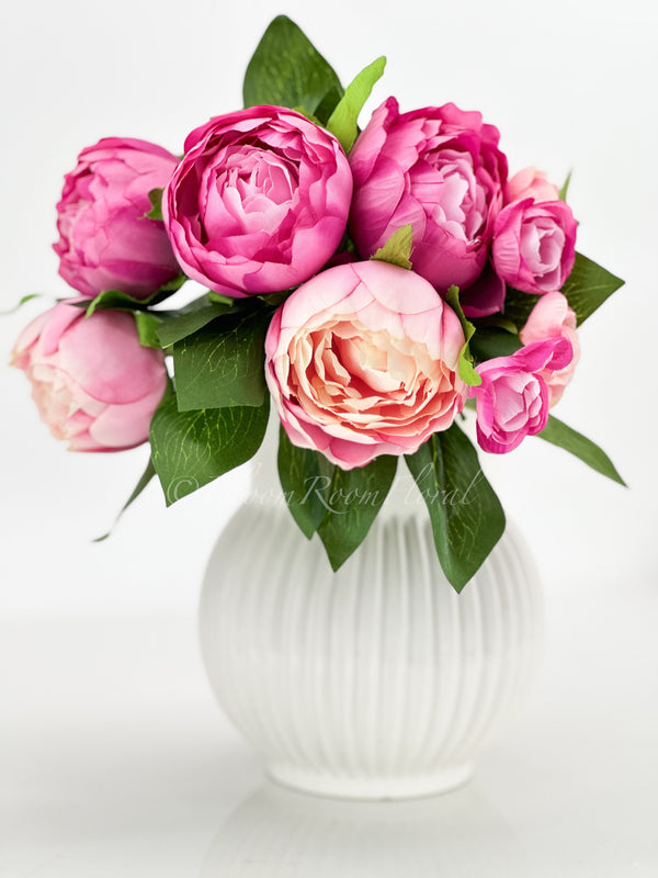 Hot Pink Peonies 8 Stem Bouquet, Artificial Flower, Wedding Bouquet Home Decoration, Gifts, Decor Floral Faux Centerpiece Arrangement P-049