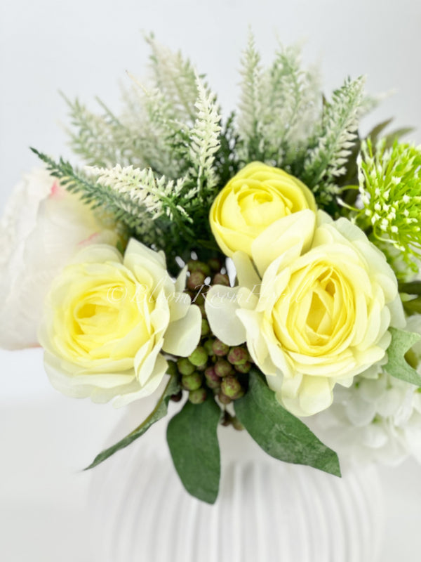 Yellow Ranunculus White Hydrangea Green Berry Bouquet Artificial Flower Wedding/Home Decoration | Decor Floral, Centerpiece, Arrangement