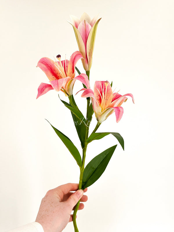 28&quot; Real-Touch Pink Yellow 3 Bloom Lily Stems Faux Flowers/Wedding/Home Decoration Gifts Decor Floral Silk Flowers, Artificial Spray L-005