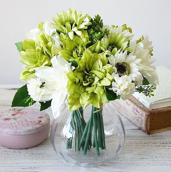 Dahlia, Sunflowers, Daisy Bouquet, Green White Artificial Flower | Wedding/Home Decoration | Gifts | Decor Floral, Centerpiece, Arrangement