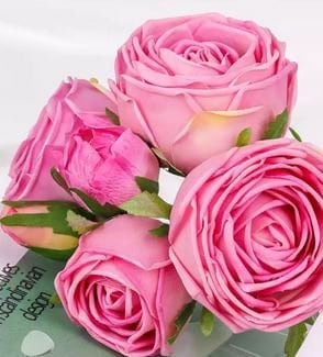 Bright Pink 6 Stem Real Touch Roses Extremely Realistic Luxury Quality Artificial Flower | Wedding/Home Decoration Gifts Decor Floral R-015