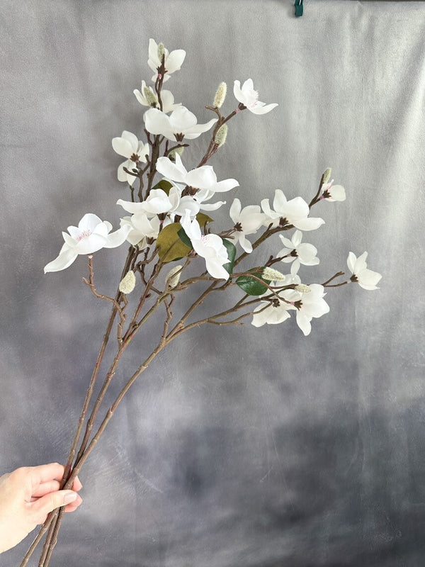 1 Magnolia Blossom Artificial Flowers Pink Cream Faux Fake Floral Branches, Silk Flowers Realistic Home Wedding Kitchen Decor Spring Florals