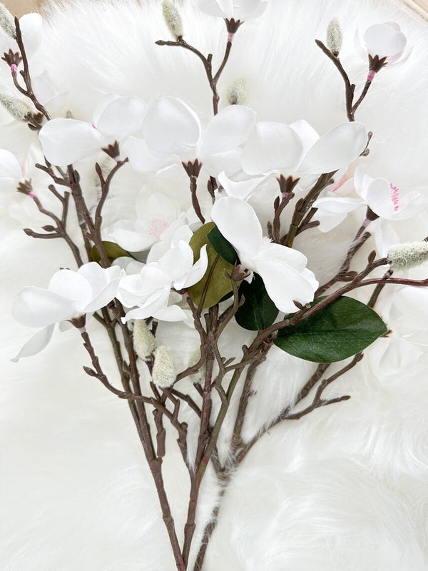 1 Magnolia Blossom Artificial Flowers Pink Cream Faux Fake Floral Branches, Silk Flowers Realistic Home Wedding Kitchen Decor Spring Florals