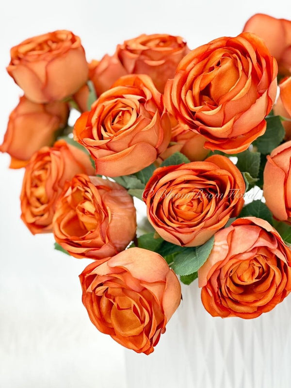 9 Heads Orange/Brown English Rose Bush, 18&quot; Tall High Quality Artificial Faux Flower Wedding/Home Decoration Gifts Decor Silk Flowers Brown