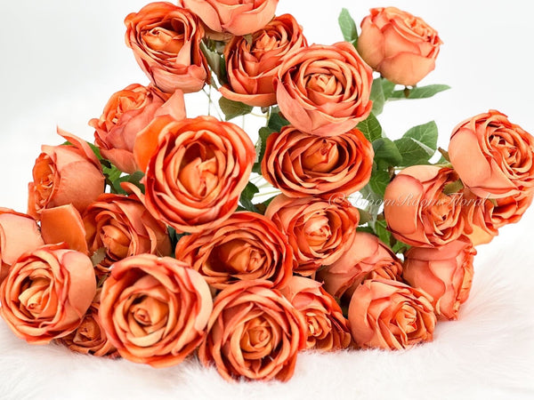 9 Heads Orange/Brown English Rose Bush, 18&quot; Tall High Quality Artificial Faux Flower Wedding/Home Decoration Gifts Decor Silk Flowers Brown