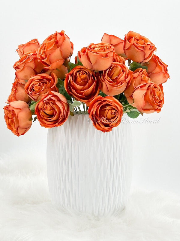 9 Heads Orange/Brown English Rose Bush, 18&quot; Tall High Quality Artificial Faux Flower Wedding/Home Decoration Gifts Decor Silk Flowers Brown