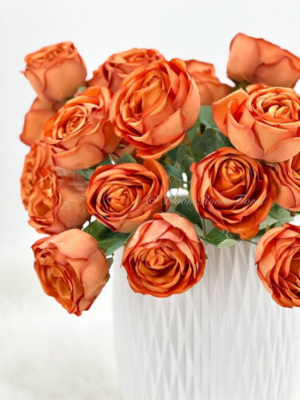 9 Heads Orange/Brown English Rose Bush, 18&quot; Tall High Quality Artificial Faux Flower Wedding/Home Decoration Gifts Decor Silk Flowers Brown