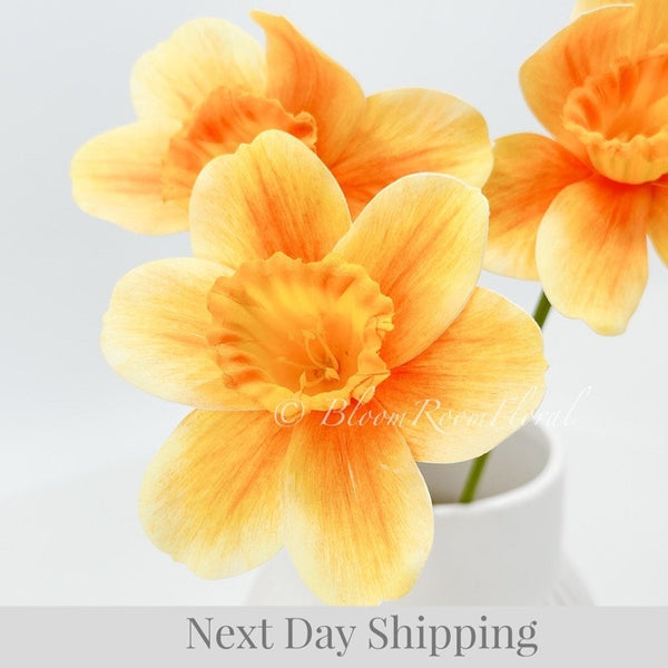 3 Real-Touch Stems Dark Yellow Daffodils Faux Flowers/Wedding/Home Decoration Gifts Decor Floral Silk Flowers, Artificial Spray D-016