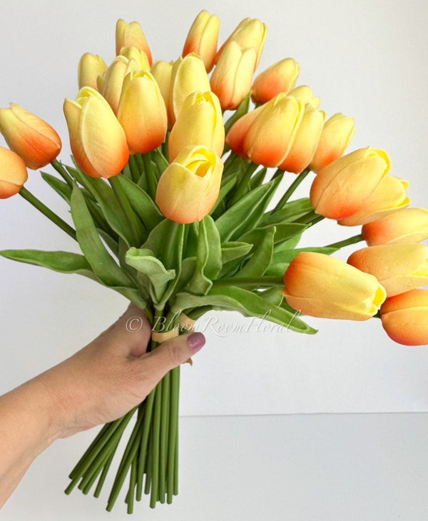 10 Yellow/Oran Real Touch Tulips Artificial Flower, Realistic Luxury Quality Artificial Kitchen/Wedding/Home Gifts Decor Floral Craft Floral