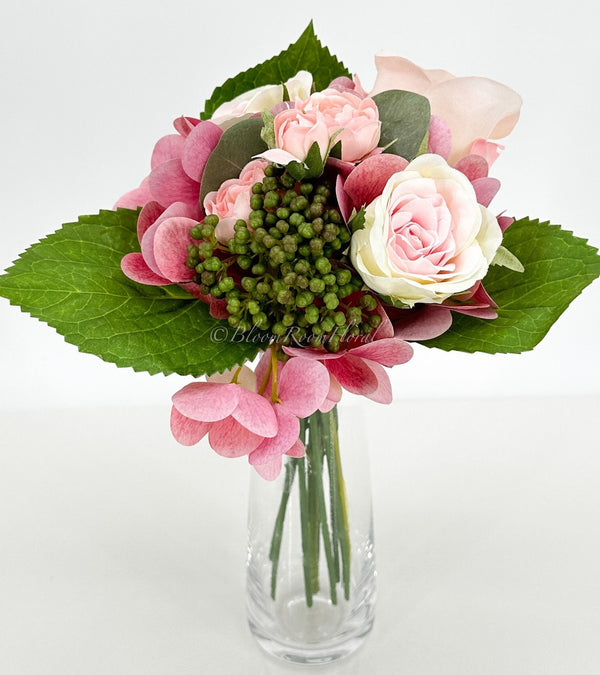 Pink Rose Hydrangea Green Berry Bouquet Artificial Flower Wedding/Home Decoration | Gifts | Decor Floral, Centerpiece, Arrangement