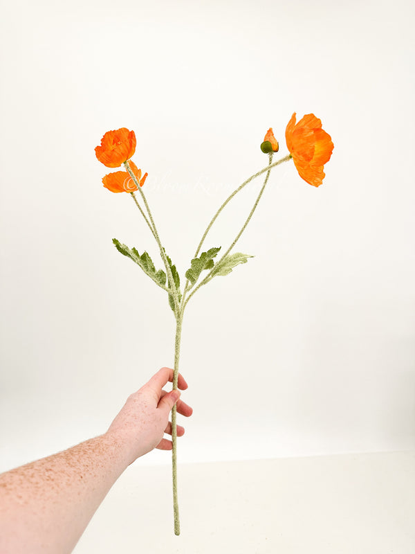 Orange Tangerine Poppy Stem | 23&quot; Tall Luxury Quality Artificial Flower | Wedding/Home Decoration | Gifts Decor | Floral Faux Floral