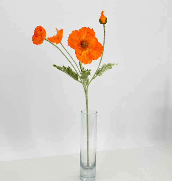 Orange Tangerine Poppy Stem | 23&quot; Tall Luxury Quality Artificial Flower | Wedding/Home Decoration | Gifts Decor | Floral Faux Floral