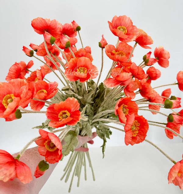 Coral Pink Poppy Stem | 23&quot; Tall Luxury Quality Artificial Flower | Wedding/Home Decoration | Gifts Decor | Floral Faux Floral