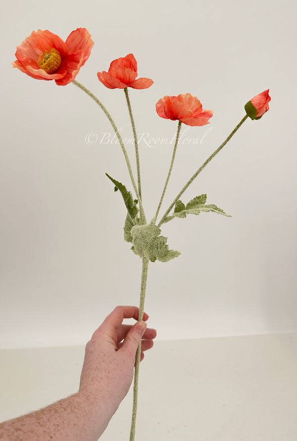 Coral Pink Poppy Stem | 23&quot; Tall Luxury Quality Artificial Flower | Wedding/Home Decoration | Gifts Decor | Floral Faux Floral