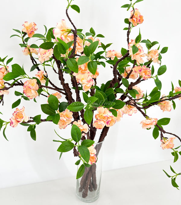 27&quot; Salmon Pink Cherry Blossom Artificial Flowers, Faux Fake Floral Branches, Silk Realistic Home Wedding Kitchen Decor Spring Peach 1 Stem