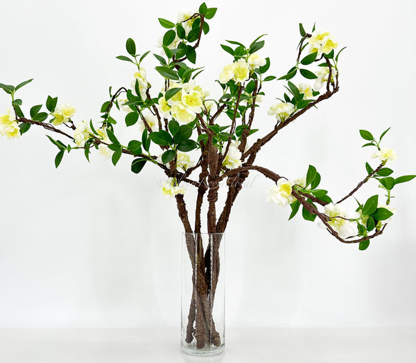 27” Lime Green & White Cherry Blossom Artificial Flowers, Faux Fake Floral Branches, Silk Realistic Home Wedding Kitchen Decor Spring 1 Stem