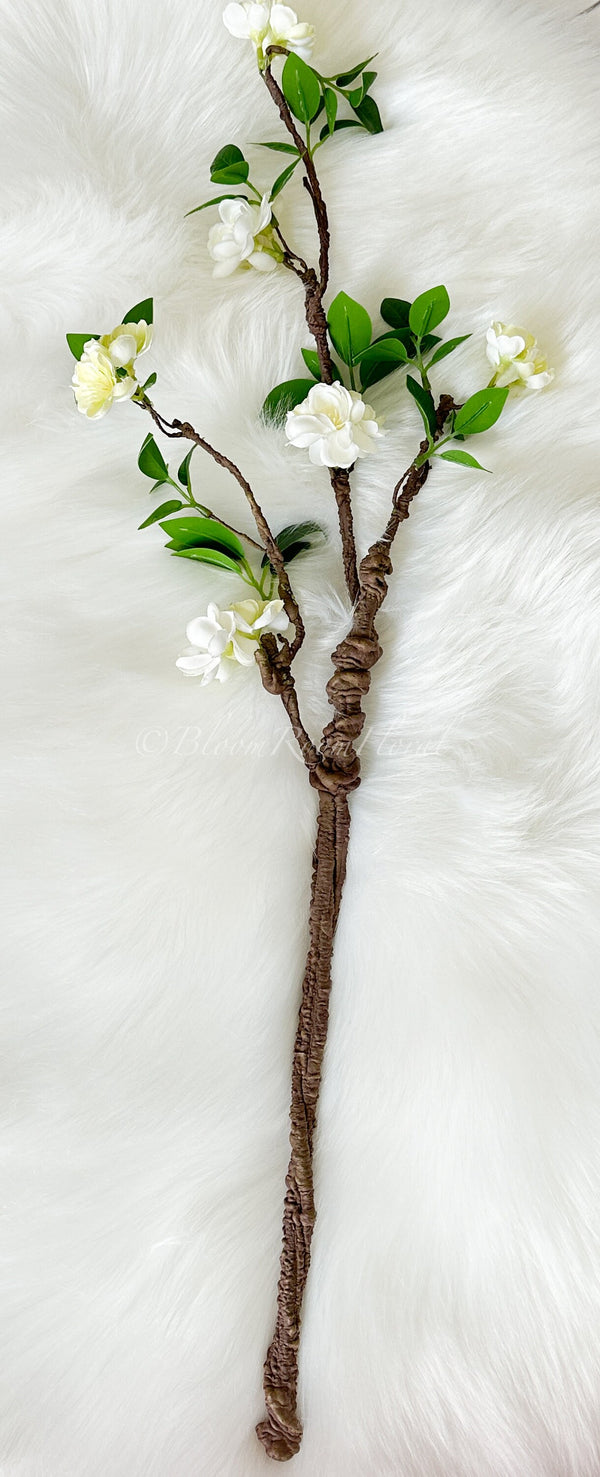 27” Lime Green & White Cherry Blossom Artificial Flowers, Faux Fake Floral Branches, Silk Realistic Home Wedding Kitchen Decor Spring 1 Stem