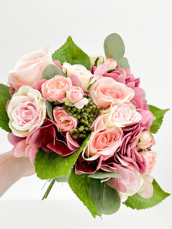 Pink Rose Hydrangea Green Berry Bouquet Artificial Flower Wedding/Home Decoration | Gifts | Decor Floral, Centerpiece, Arrangement