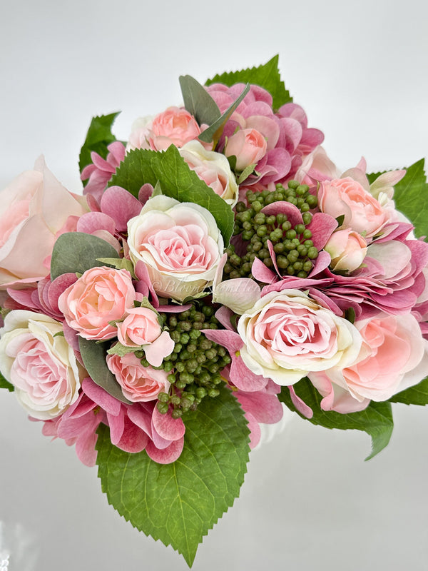 Pink Rose Hydrangea Green Berry Bouquet Artificial Flower Wedding/Home Decoration | Gifts | Decor Floral, Centerpiece, Arrangement