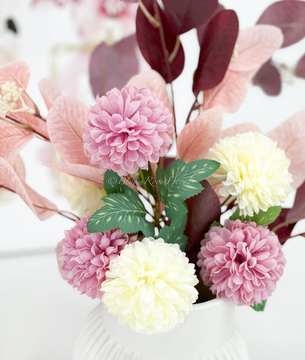 White, Burgundy Leaf/Thistle Pompom Bouquet Artificial Flower Wedding/Home Decoration | Gifts | Decor Floral, Centerpiece, Arrangement B-006