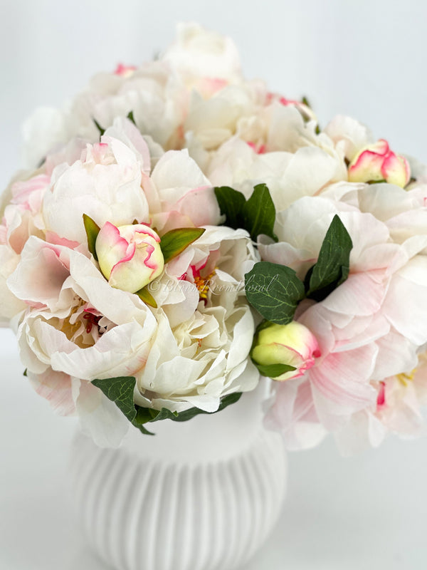 5 stem White And Pink Tipped Silk Peony Bouquet Artificial Flower Wedding/Home Decoration | Gifts | Decor Floral, Centerpiece, Arrangement