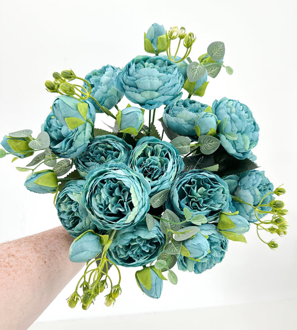 5 stem Blue Peony Bunch Realistic High-Quality Artificial Flower | Wedding/Home Decoration Gifts | Decor Floral Faux, Craft Supply P-026