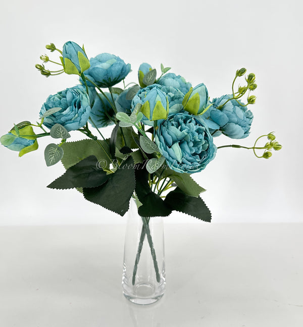 5 stem Blue Peony Bunch Realistic High-Quality Artificial Flower | Wedding/Home Decoration Gifts | Decor Floral Faux, Craft Supply P-026