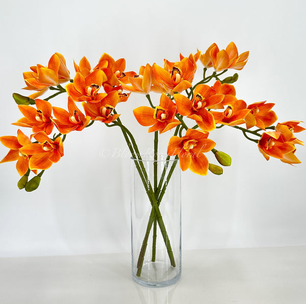 26&quot; Orange Boat Orchid Stem Artificial Flowers, Faux Fake Floral Branches, Real Touch Orchid Realistic Home Wedding Kitchen Decor Spring