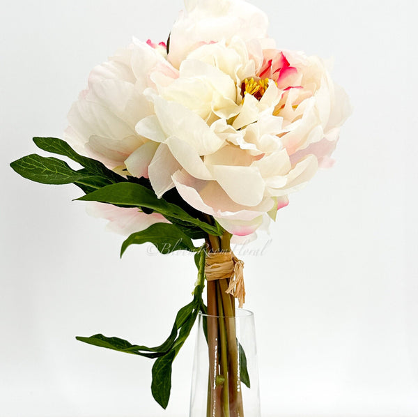 5 stem White And Pink Tipped Silk Peony Bouquet Artificial Flower Wedding/Home Decoration | Gifts | Decor Floral, Centerpiece, Arrangement