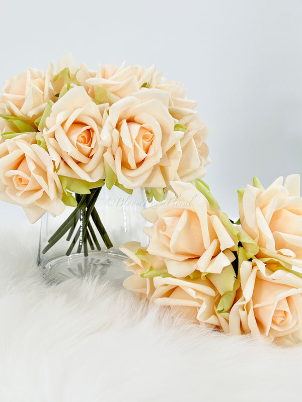 5 Stem Real Touch Roses | Extremely Realistic Luxury Quality Artificial Flower | Wedding/Home Decoration | Gifts | Floral Peach/Green R-013