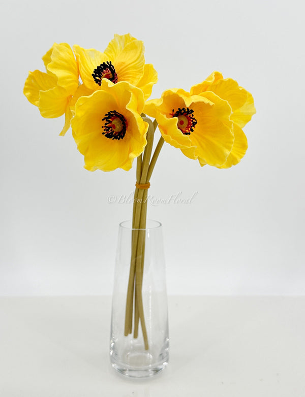 5 Stem Yellow Poppy Bunch | 12&quot; Tall Real-Touch Luxury Quality Artificial Flower Wedding/Home Decoration | Gifts Decor | Floral Faux Floral