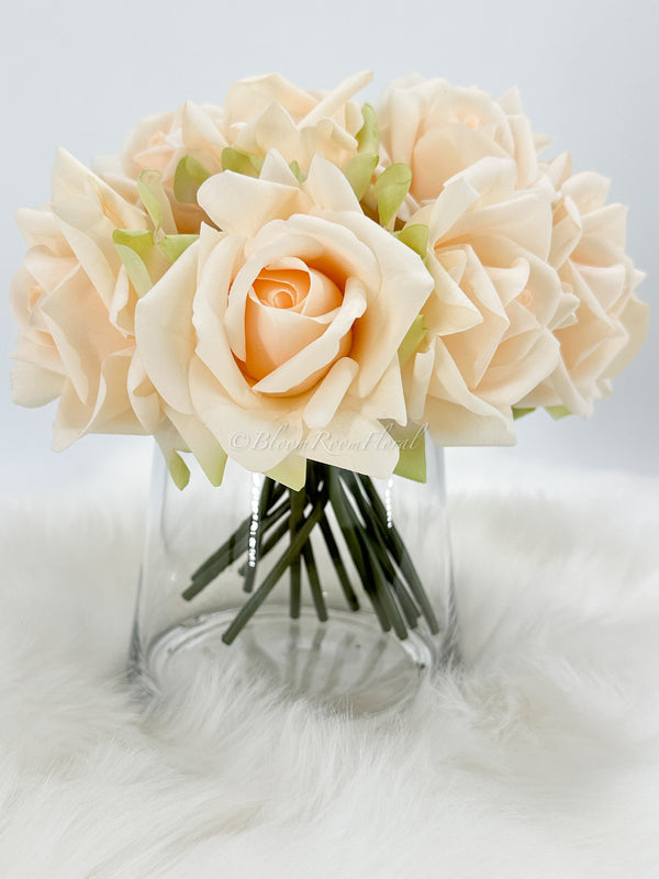 5 Stem Real Touch Roses | Extremely Realistic Luxury Quality Artificial Flower | Wedding/Home Decoration | Gifts | Floral Peach/Green R-013