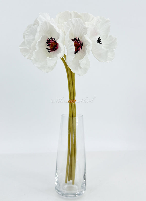5 Stem White Poppy Bunch | 12&quot; Tall Luxury Real Touch Quality Artificial Flower | Wedding/Home Decoration | Gifts Decor | Floral Faux Floral