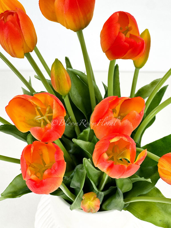 5 Stem Orange Ombre Real Touch Tulips Artificial Flower, Realistic Luxury Quality Artificial Kitchen/Wedding/Home Gifts Decor Floral Craft