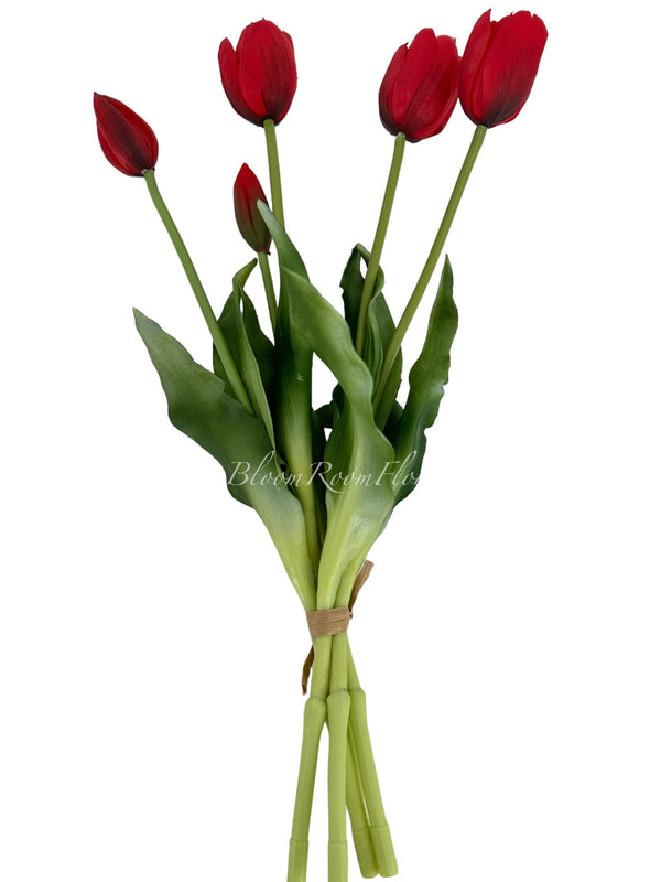 5 Stem Red Real Touch Tulips Artificial Flower, Realistic Luxury Quality Artificial Kitchen/Wedding/Home Gifts Decor Floral Craft Floral DIY