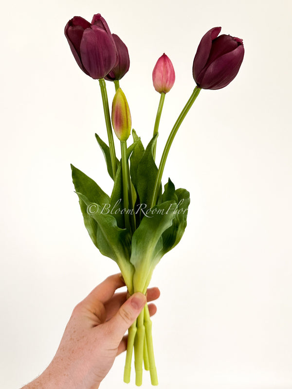 5 Stem Wine Burgundy Real Touch Tulips Artificial Flower, Realistic Luxury Quality Artificial Kitchen/Wedding/Home Gifts Decor Floral Craft